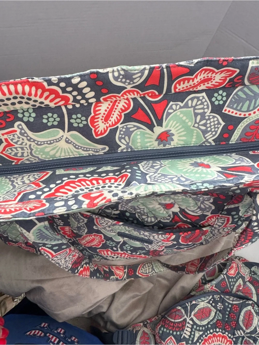 Vera Bradley Quilted Floral Tote & Backpack in Navy, Red & Mint